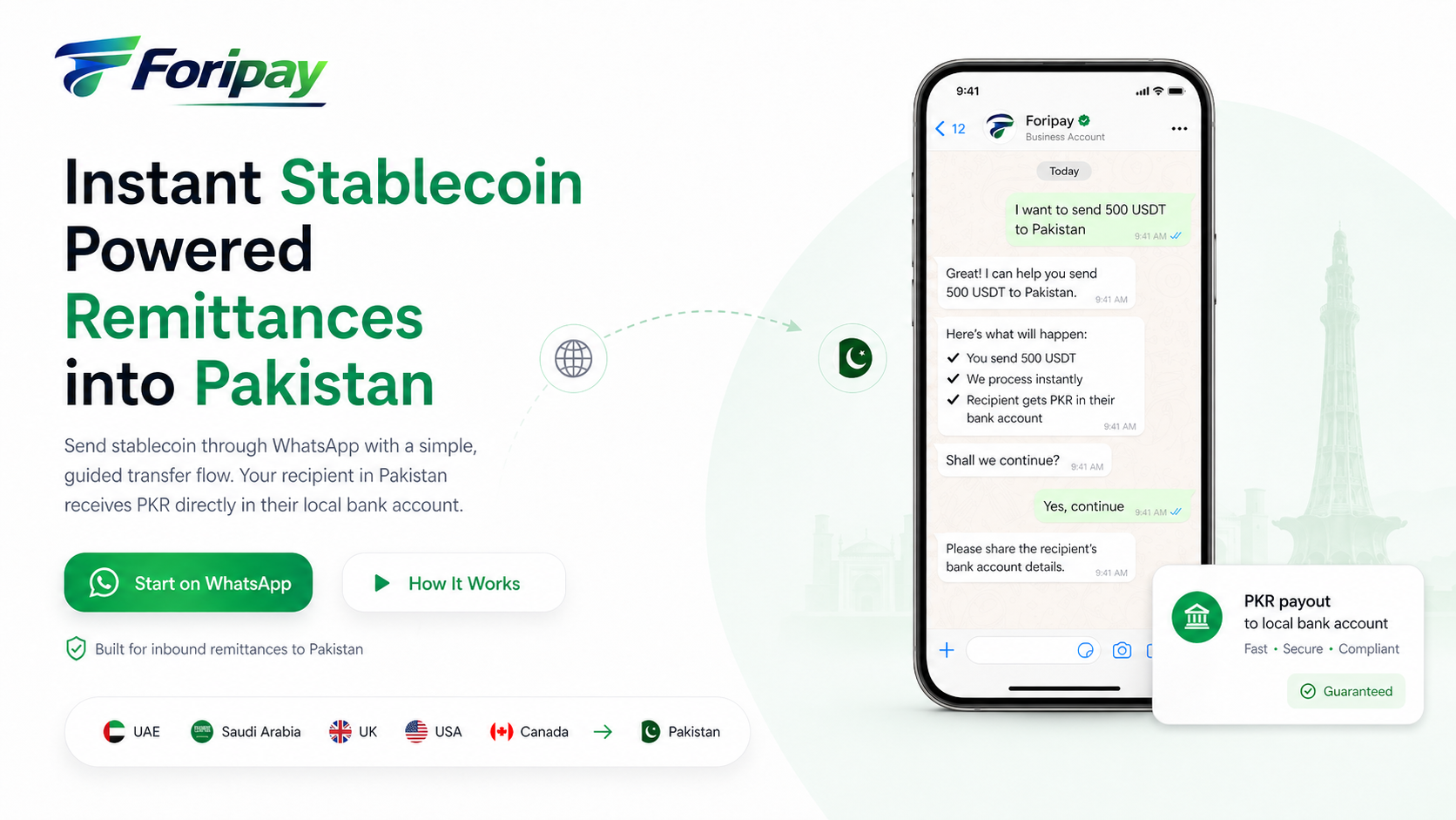 Foripay Hero Visual - WhatsApp Chat and PKR Payout